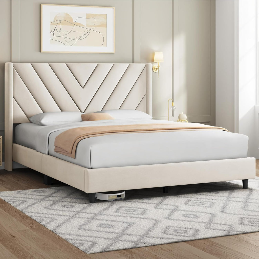 Queen Bed Frame Upholstered Platform Bed with Wing Side/Wooden Slat Support/Tufted Headboard with Wing Side/Mattress