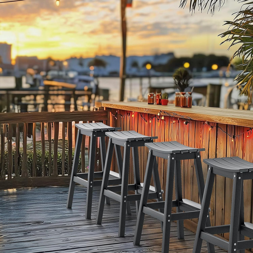 29" Outdoor Bar Stools Set of 2, HDPE Poly Lumber Bar Chairs with Footrest, Weather Resistant Patio Barstools