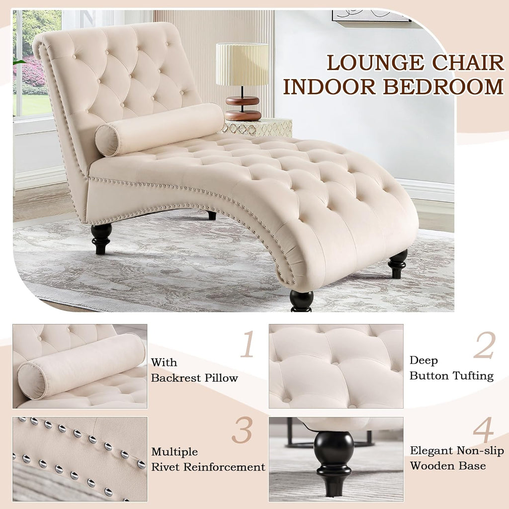 Chaise Lounge Chair Indoor, Modern Velvet Upholstered Sofa with Solid Wooden Leg and Lumbar Pillow, Button Tufted
