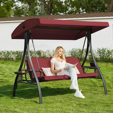 3-in-1 Outdoor Porch Swing with Stand (Red, Square Tube) | 3-Seater Patio Swing with Adjustable Canopy , Backyard