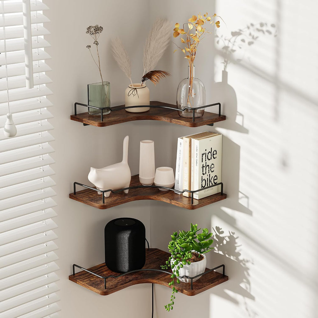 L-Shaped Corner Floating Shelves Set of 3,Rustic Wood Wall Mounted Storage Shelves,Display Shelf (Brown)