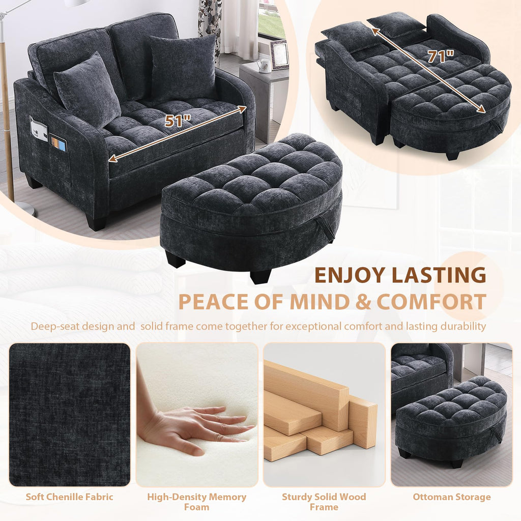 Oversized Chaise Lounge Chair Indoor with Curved Ottoman, Black