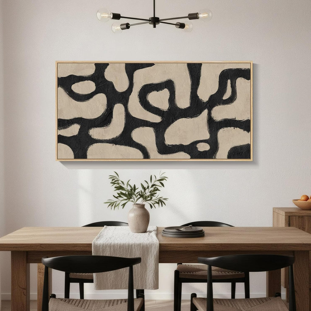 Framed Neutral Horizontal Abstract Wall Art, Extra Large Black and Beige Modern Painting Print, Mid Century Canvas