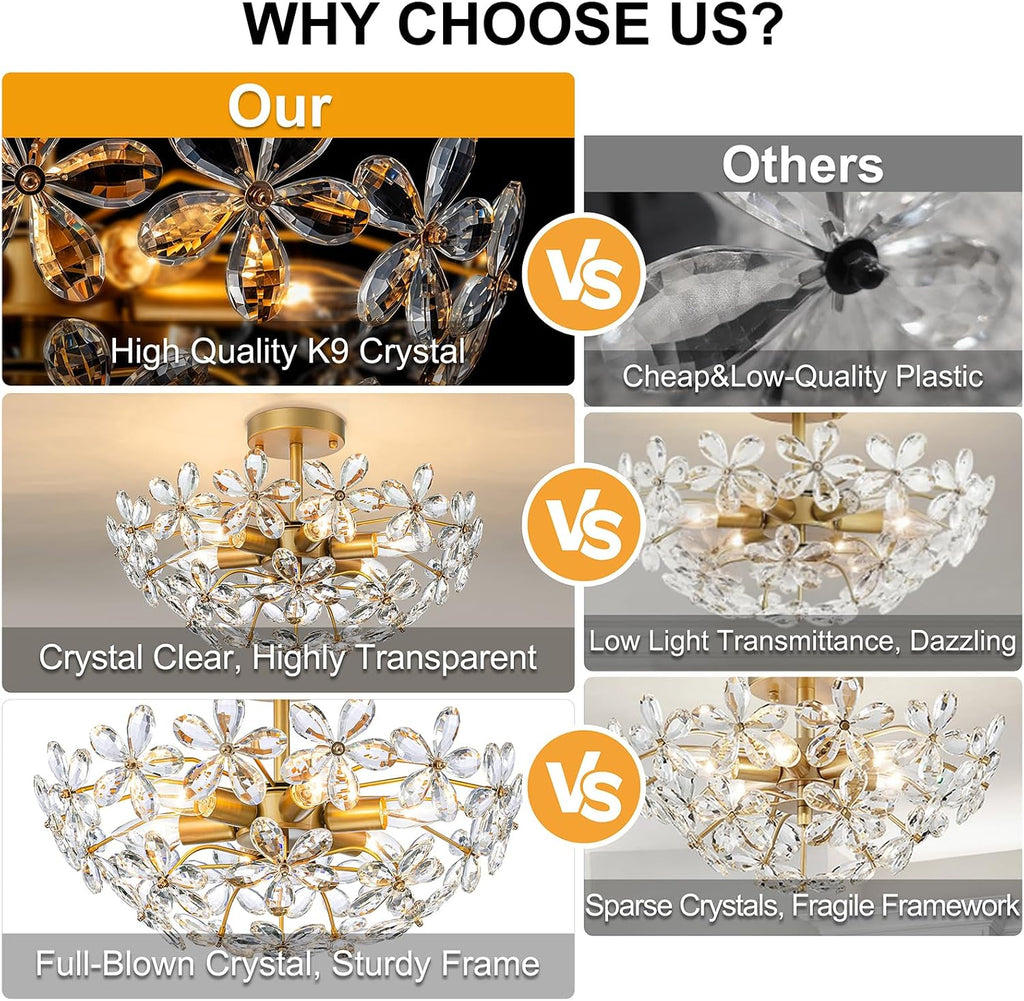 Bedroom Flower Ceiling Light, Brass Gold Flush Mount Chandelier, 17.7 Inch 6-Light Modern Crystal