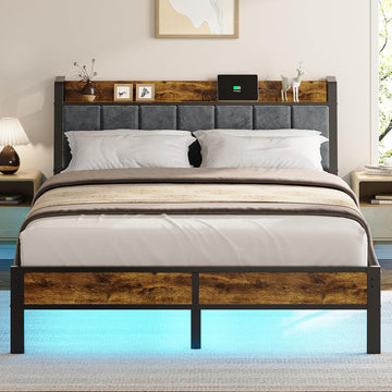 Queen Bed Frame with Wood Headboard, Metal Platform Bed with USB Charging Station and Smart LED Lights, No Box Spring