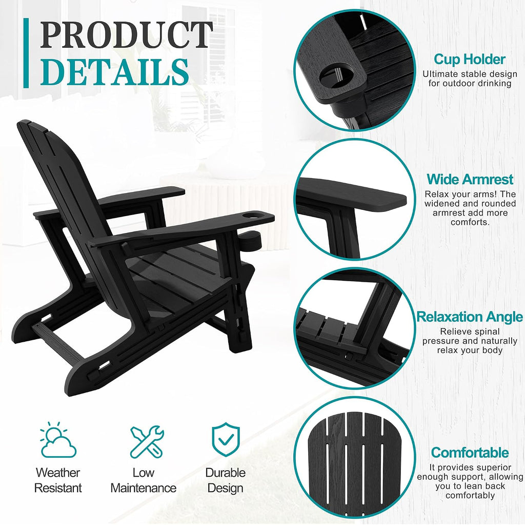 Outdoor Adirondack Chair Set of 2, All-Weather HDPE Patio Furniture with Detachable Table, Wood Texture & Cup