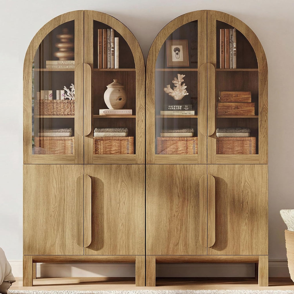 71" Tall Arched Bookshelf, 5 Tiers Bookcase with Glass Doors and Adjustable Shelves, Modern Arched Display Cabinets - Set of 2