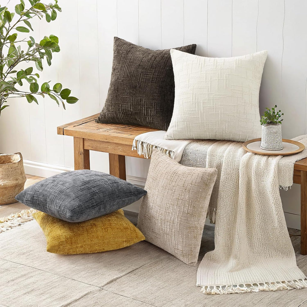 Summer Cream White Chenille Throw Pillow Covers 18x18 Set of 2 Textured Cozy Slubby Couch Pillow Covers Modern