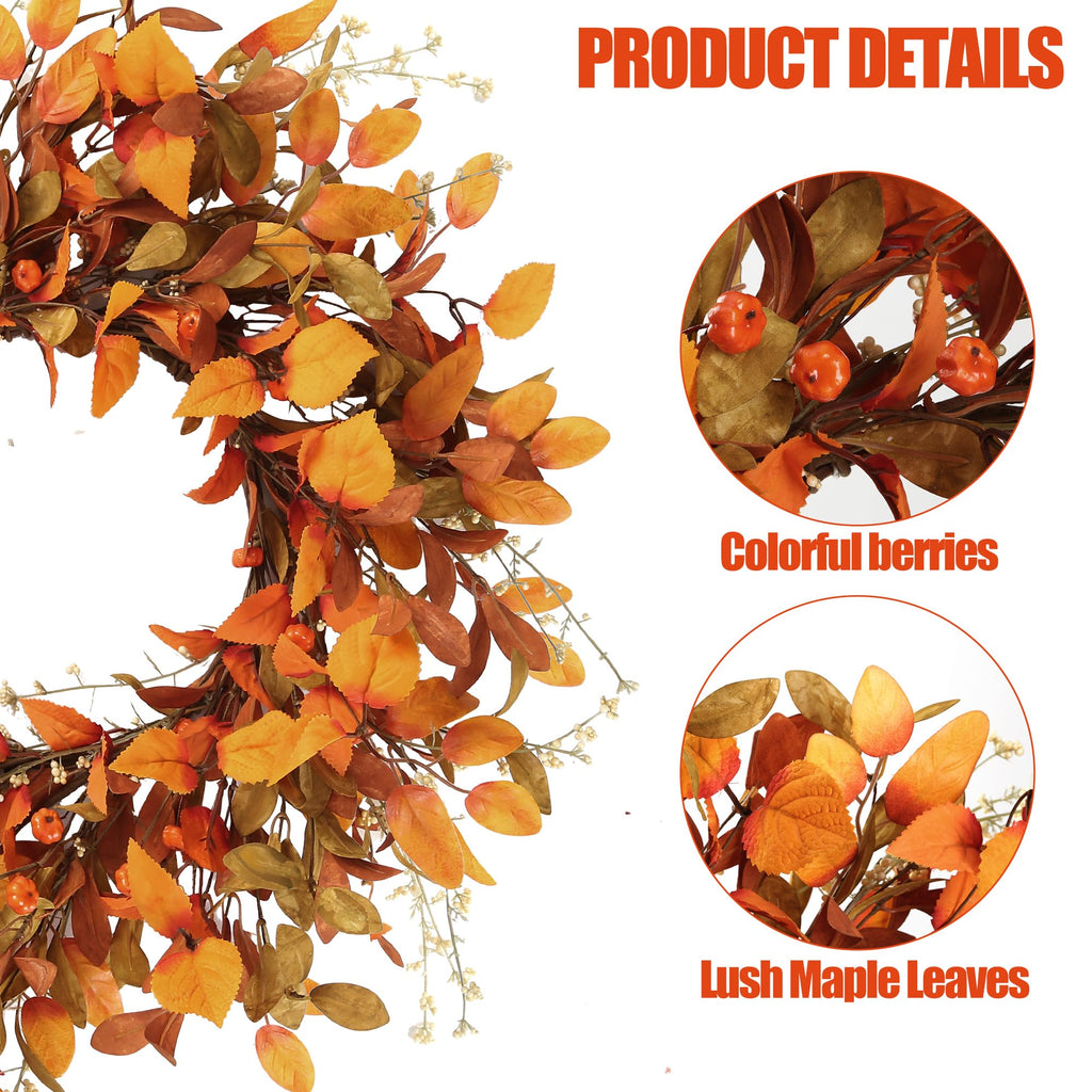 Artificial Fall Wreath 21'' Autumn Front Door Wreath with Fall Leaves Small Pumpkins Cluster of Berries for Outside