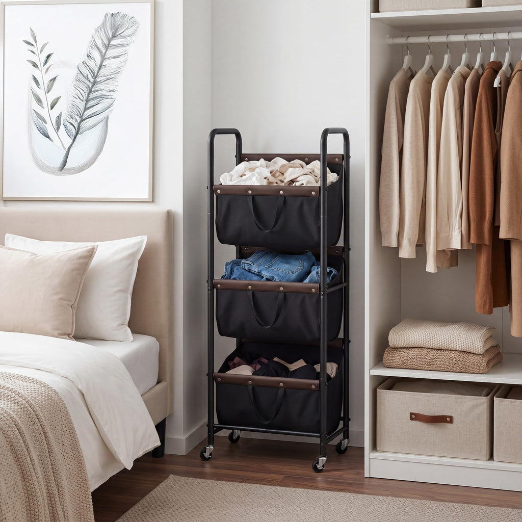 3 Tiered Laundry Sorter, Narrow Hamper Cart with Wheels