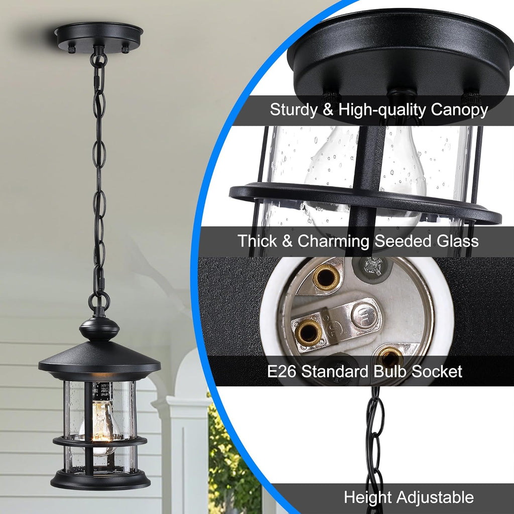 Vintage Hanging Porch Lantern, Matte Black Outdoor Pendant Light with Seeded Glass