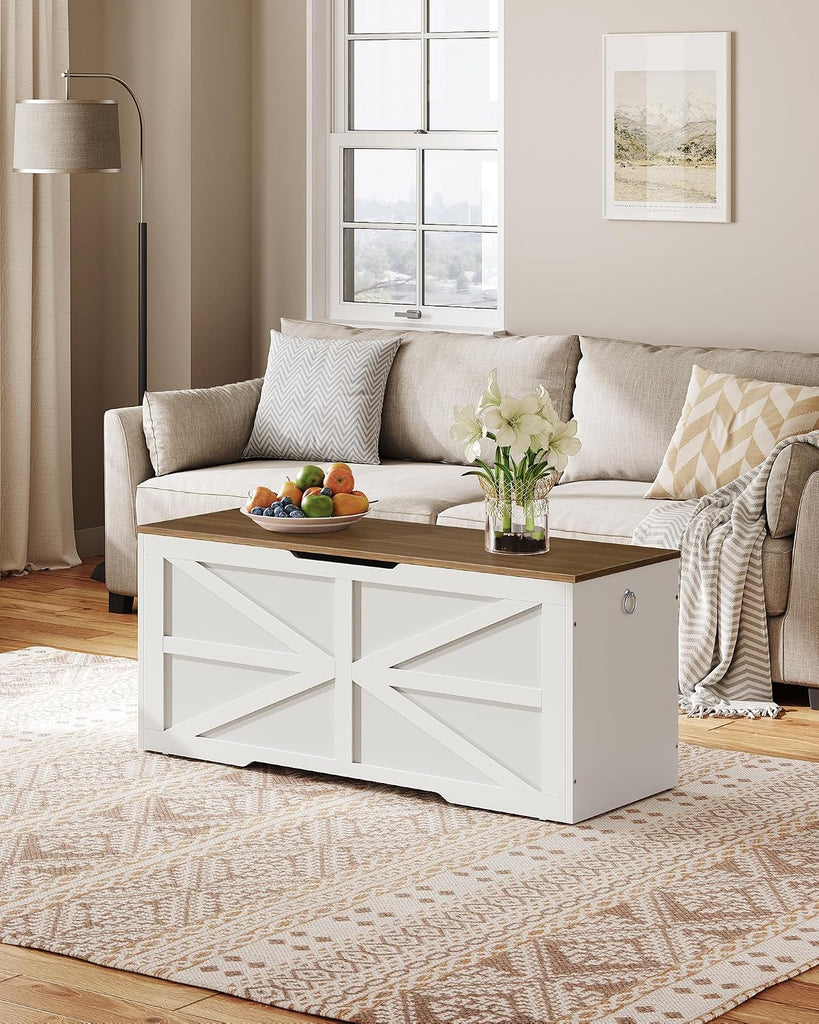 Storage Chest, 43.3" Toy Chest Storage, Farmhouse Storage Bench with Safety Hinge, Storage Trunk, Walnut and White