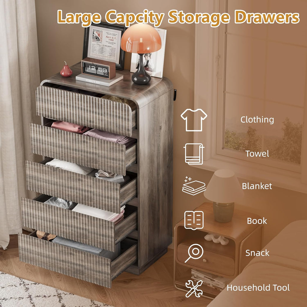 Grey Dresser Fluted Tall 5 Drawer Dresser , Wood Chest of Drawers with Hidden Handles & Rounded Corners, Modern