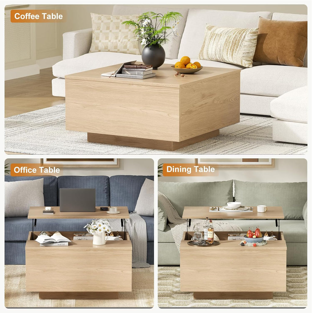 Lift Top Coffee Table, Wood Square Coffee Table with Storage, Farmhouse Coffee Tables with Hidden Storage Compartment