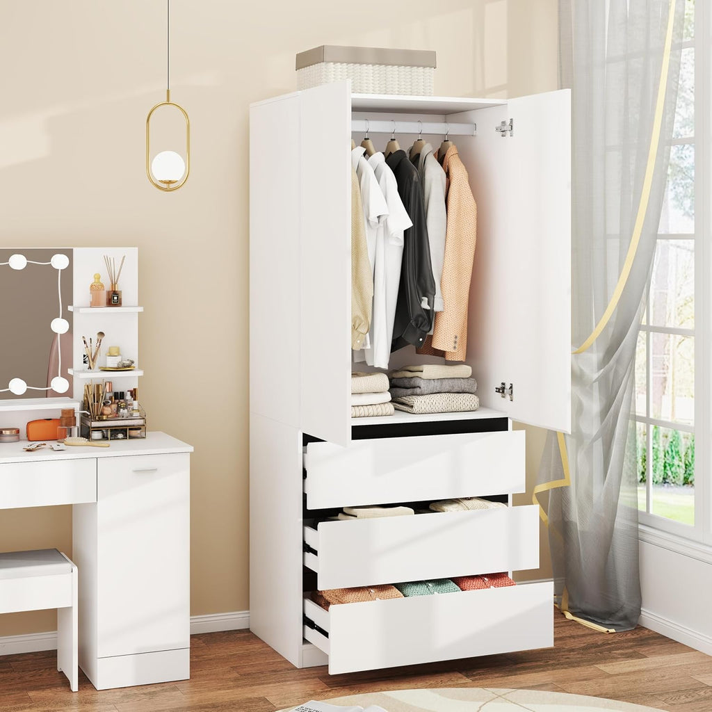 Armoire Wardrobe Closet with Drawers:75" Large White Wardrobe Closet Cabinet with 2 Doors for Hanging Clothes, Modern