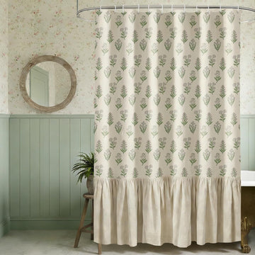 Linen Ruffle Shower Curtain with Hooks, Vintage Cottagecore Farmhouse Floral Shower Curtain , Boho Block Print
