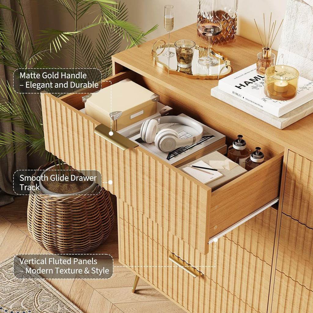 Fluted Dresser with 8 Drawers,55" Wide Modern Chest of Wooden Bedroom Chest with Metal Handle,Clothes Storage