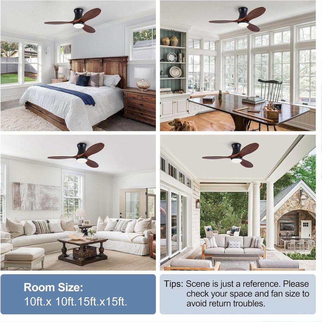 42 Inch Inspired Maverick Style Low Profile Smart Ceiling Hugger Fan with LED Light & Remote - Flush Mount, Solid Wood Blades, 6-Speed - Black