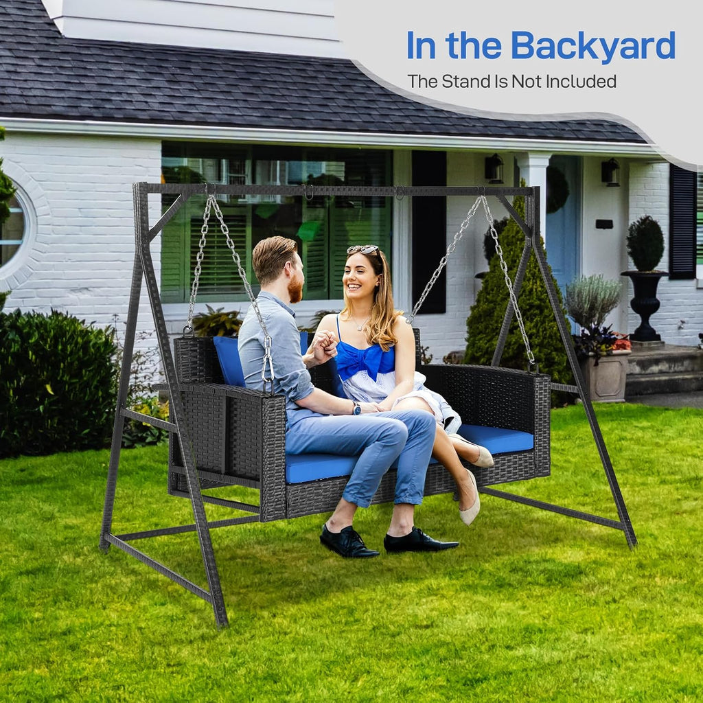 4FT Wicker Porch Swing for 2 Person, 800lb Capacity Outdoor Hanging Bench with Removable Cushions, Handwoven