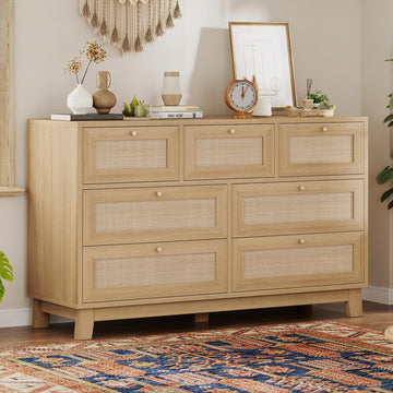 Rattan Dresser, 7 Drawer Dresser with Natural Rattan Drawers, Wooden Wide Cabinet with Gold Handles, Modern Closet