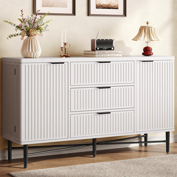Fluted Buffet Cabinet with Door Shelves & 3 Storage Drawers, White