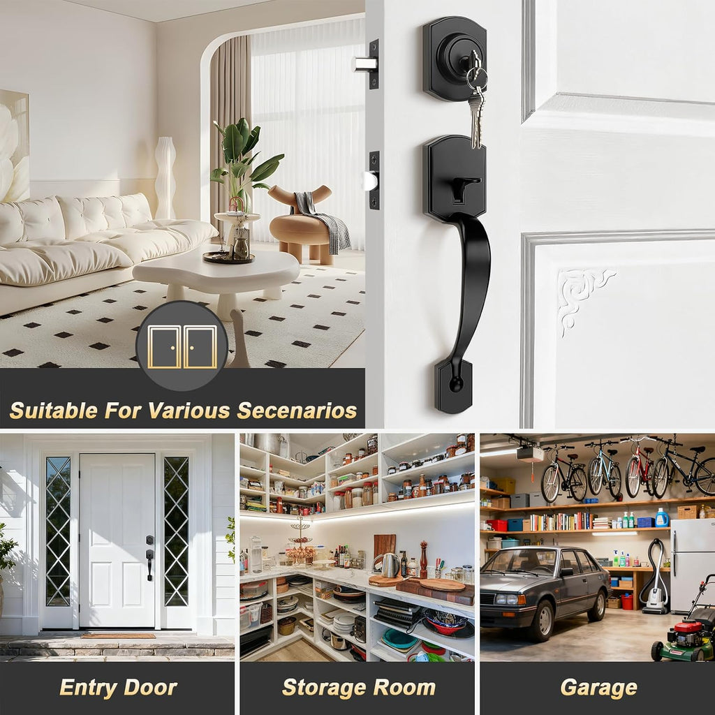 Front Door Lock Set Matte Black Exterior Door Handle, Deadbolt Lock with Interior Door Knob for Entry Doors