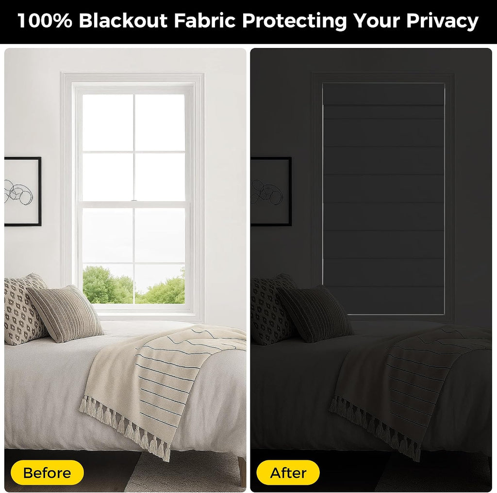 No Drill Cordless Roman Shades for Windows, - 100% Blackout - Linen - Mist White