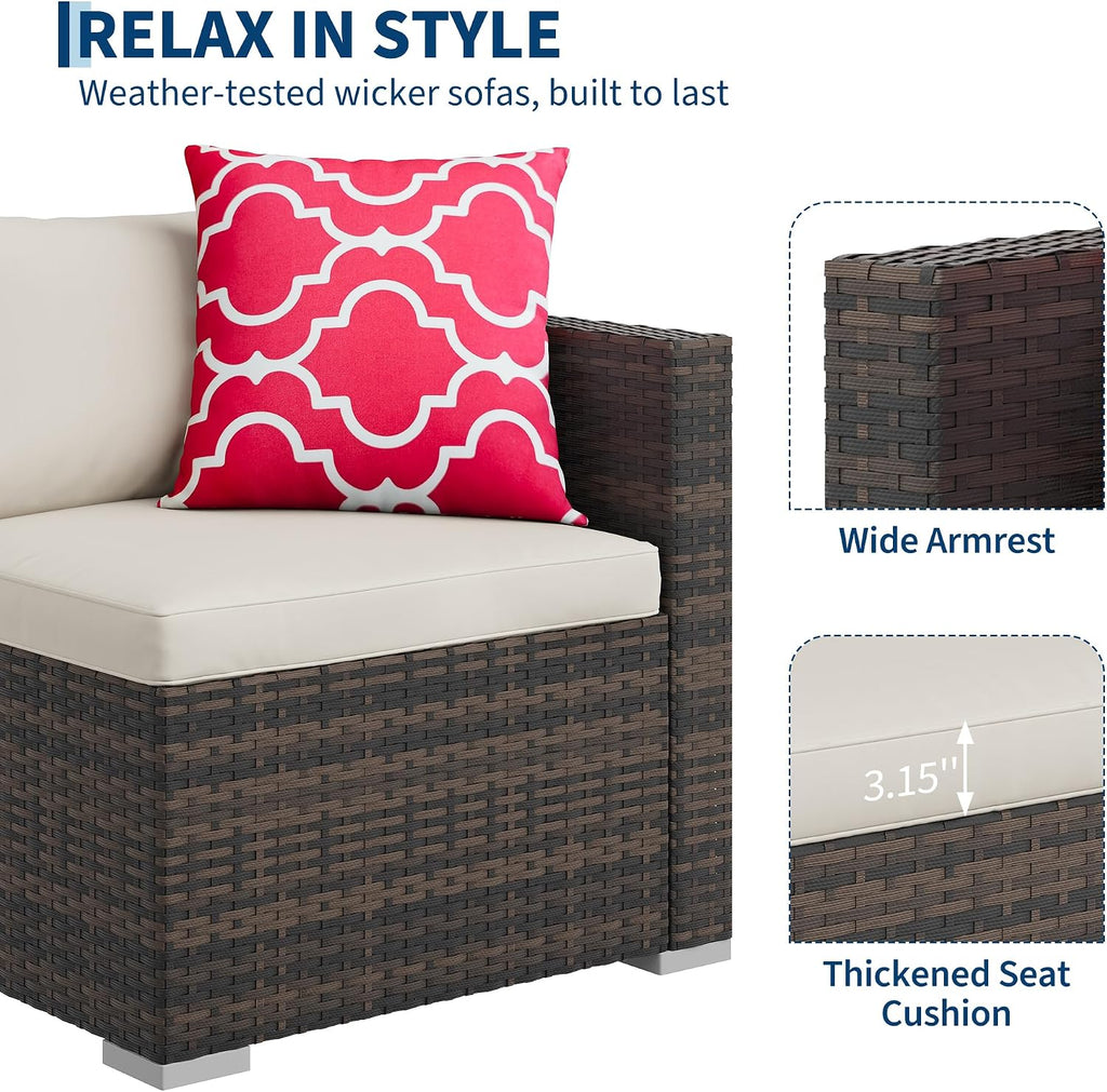 5-Piece Outdoor Patio Sectional Sofa Set - Brown/Beige | PE Rattan L-Shaped All-Weather Conversation Furniture Set