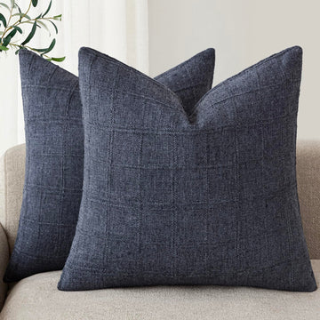 Boho Linen Check Decorative Throw Pillow Covers 16×16 Navy Blue