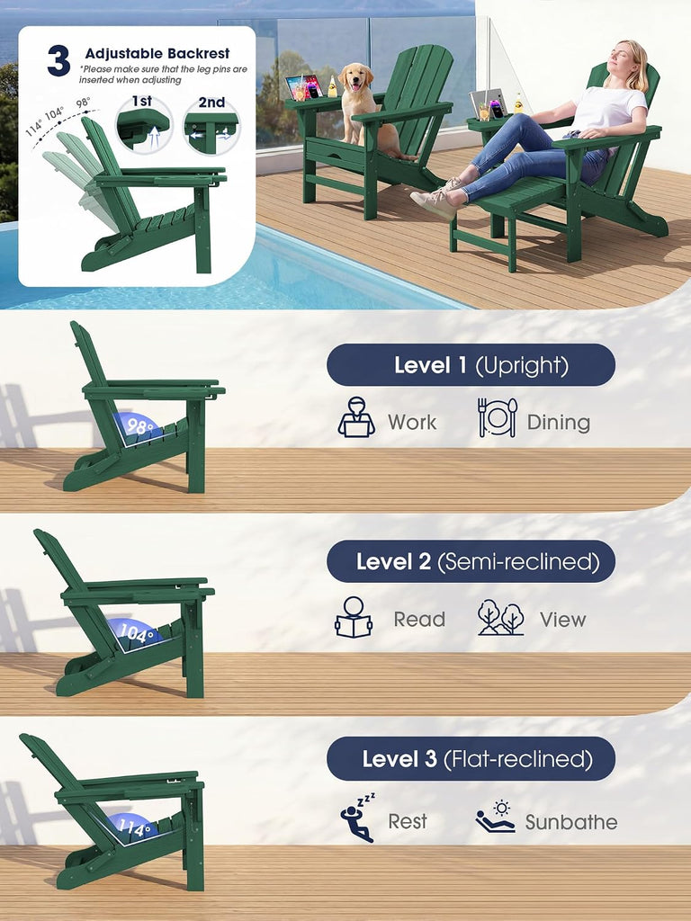 Adirondack Chair with Footrest & 4-in-1 Cup Holder, Green | HDPE Adjustable Folding Adirondack Chair with Pull-Out