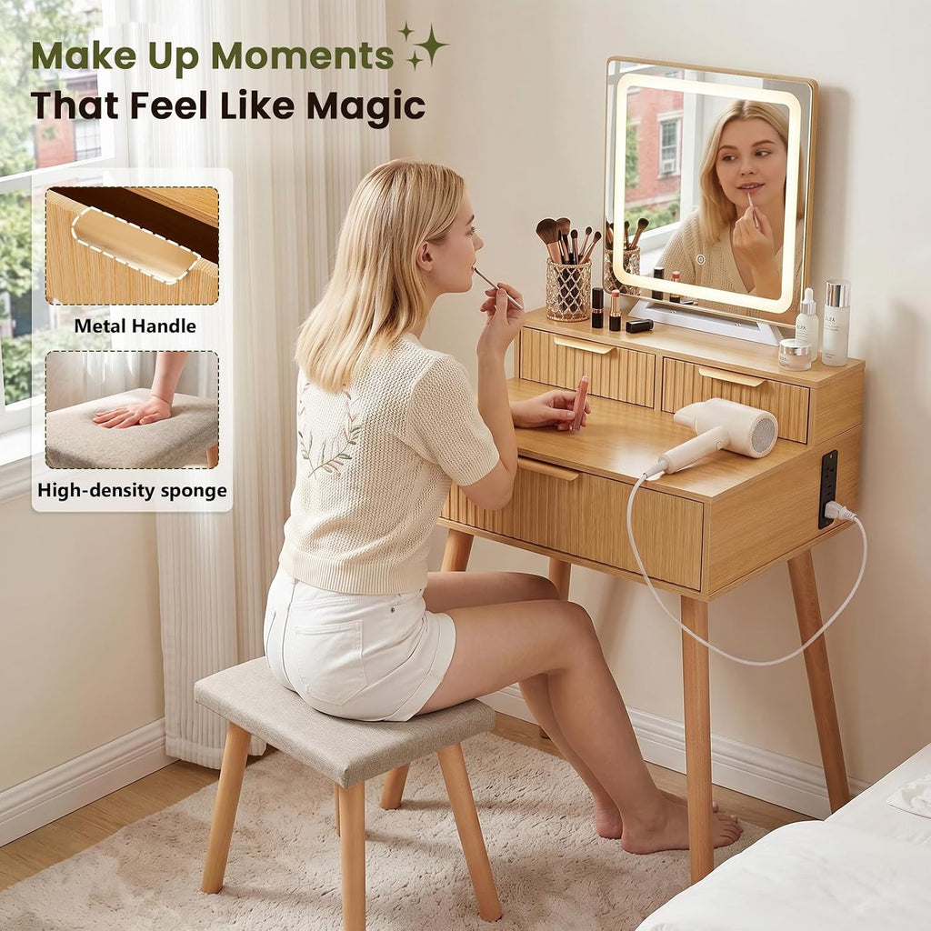 Small Vanity Desk with Lights Mirror, Compact Makeup Vanity Table with Stool, Fluted Wood Vanity with Power Outlet, 3