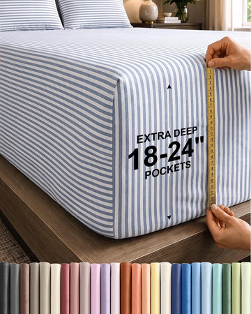 CGK Extra Deep Split King Single Fitted Sheet Only - Blue Stripes