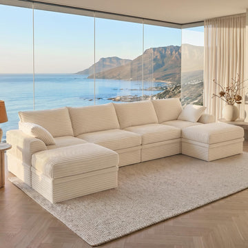 142" Upgraded Boneless Couch with Storage, Modular Sectional Couches, Oversized Deep Seat 6-Seat U Shaped Cloud Sofa