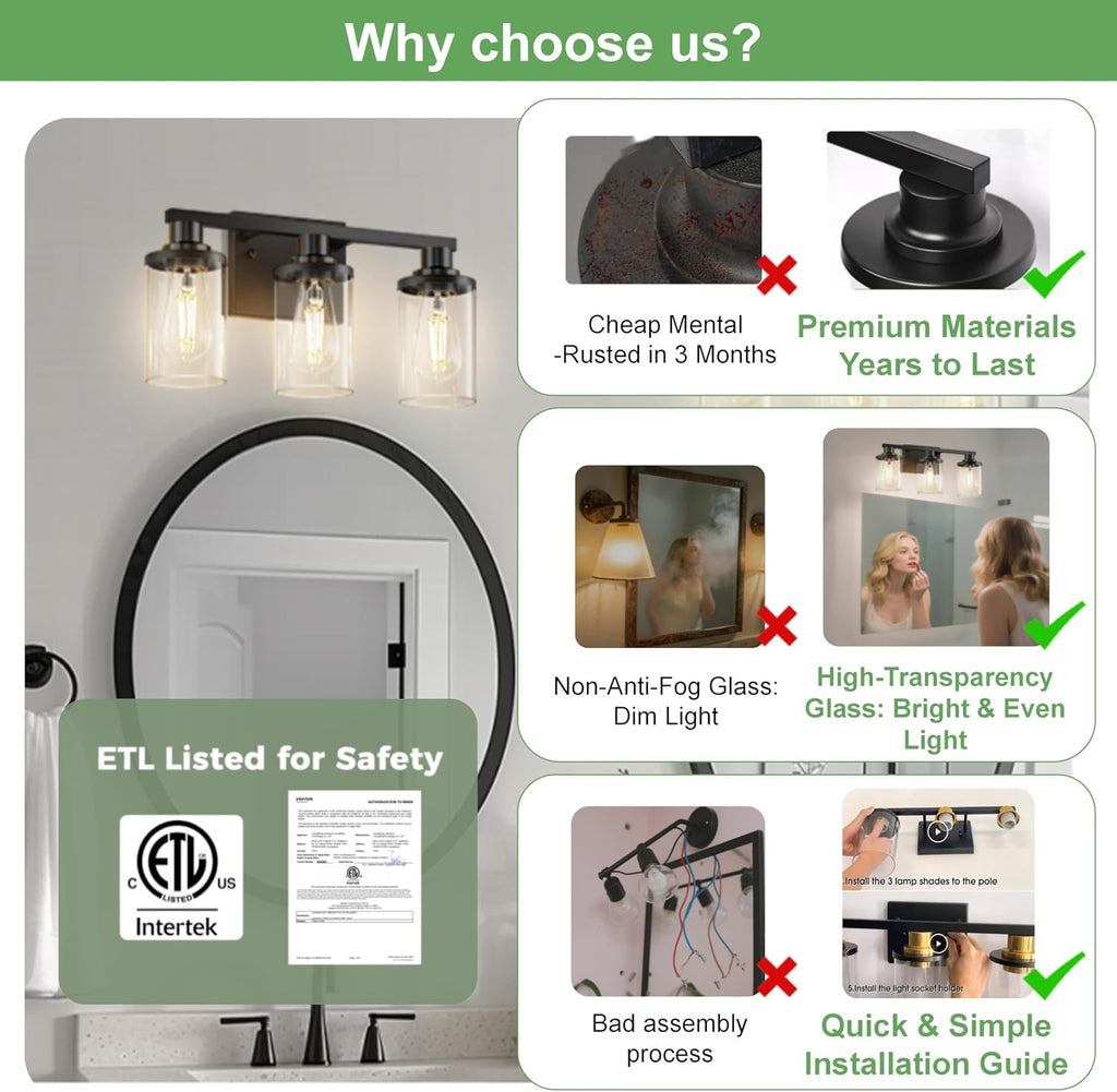 17 Inch Bathroom Light Fixtures, 3-Light Black Bathroom Lighting Fixtures Over Mirror with Clear Glass Shade, Vanity