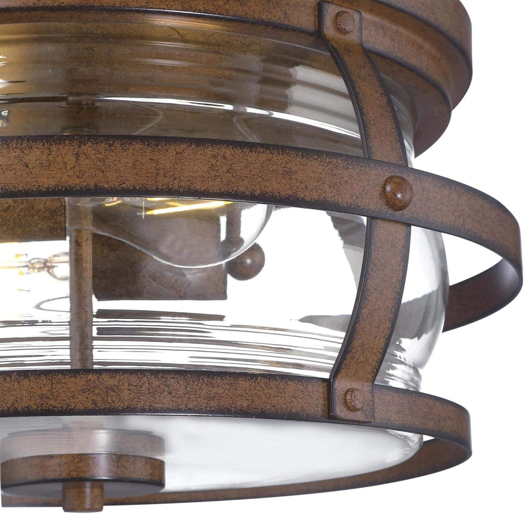 Weatherby 14 Inch Rustic/Arts & Crafts Two-Light Outdoor Flush Mount Ceiling Light, Barnwood Finish, Clear Glass, bronze
