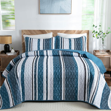 Quilt Set, Boho Striped Bedspread Coverlet Set, Navy Blue