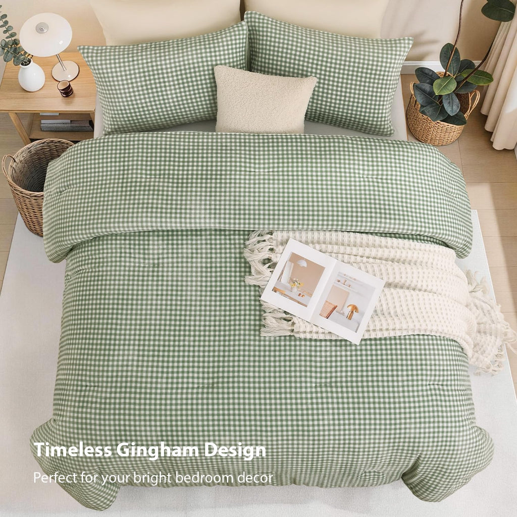 Velvet Flannel Gingham Comforter Set Full, 3 Pcs Sage Blanket