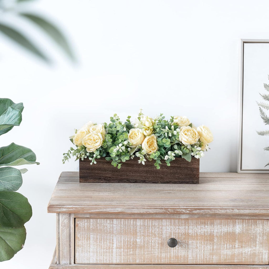 Centerpiece Table Decorations Farmhouse Table Centerpieces Decor Wood Tray with 3 Artificial Flowers and 2 Eucalyptus