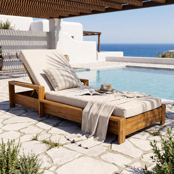 Acacia Wood Outdoor Chaise Lounge Chair Patio Recliner with Cushion, Cream | 1 PCS Chaise Lounge Frame with Armrests