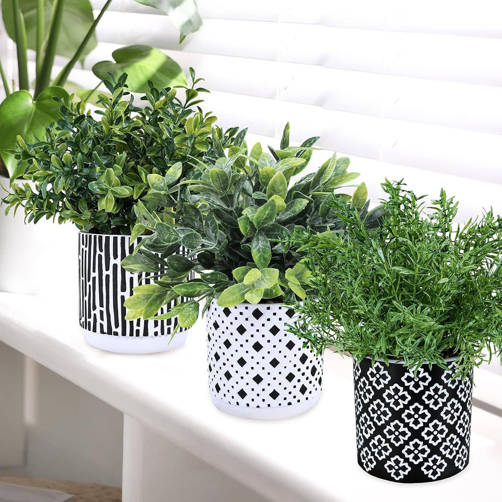 3-Pack Artificial Potted Plants - Faux Eucalyptus, Rosemary, Boxwood Greenery in Small Black & White Geometric