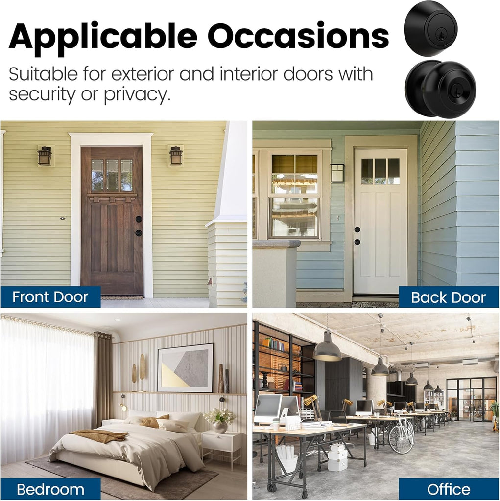 6 Pack Keyed Alike Exterior Door Knob with Lock, Single Cylinder Deadbolt Lock and Entry Door Knob Set