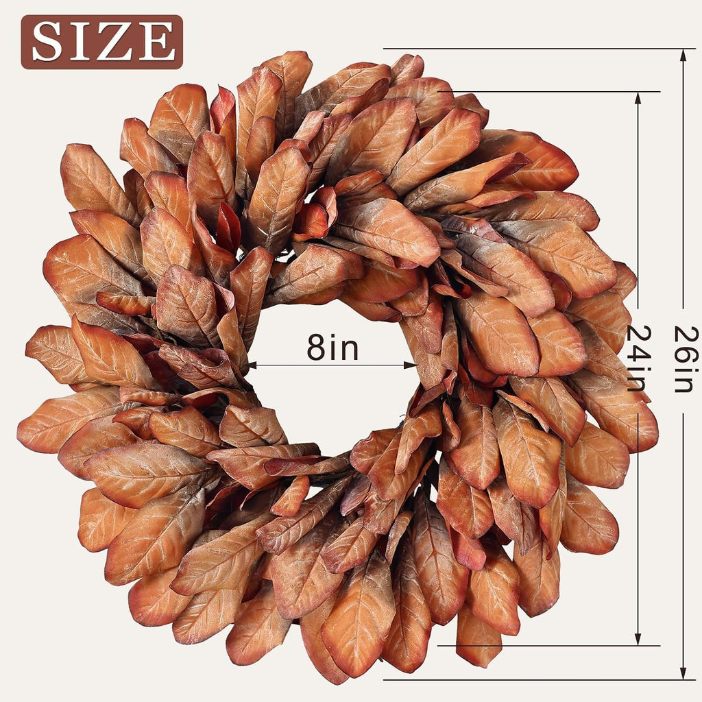 26" Artificial Fall Magnolia Leaf Wreath for Front Door Decoration (Orange)
