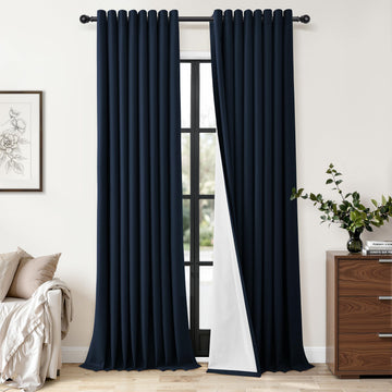 Navy Blue Linen Grommet Blackout Curtains 90 Inch Long
