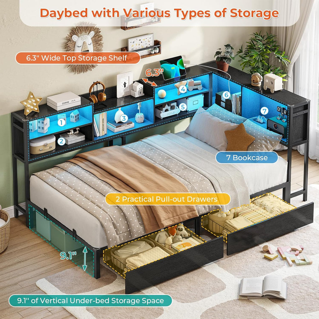 Corner Twin Bed Frame with Bookcase Storage and Led Lights Metal Platform Bed Frame with 2 Drawers and Charging