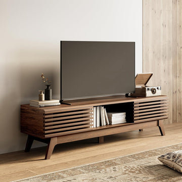 59" TV Stand for 55"/60"/65" TVs, Mid-Century Modern Fluted Entertainment Center with Sliding Doors, Storage Cabinets