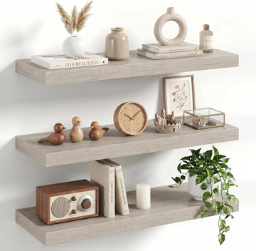 24" Floating Shelves for Wall, Set of 3, 8" Deep, 1.5" Thick, Gray | Rustic Wood Wall Shelves with Invisible