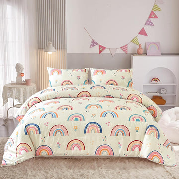 Lightweight Soft 3 Piece Rainbow Comforter Set with 2 Pillow Covers, Cartoon Love Hearts Flowers and Grass Bedding