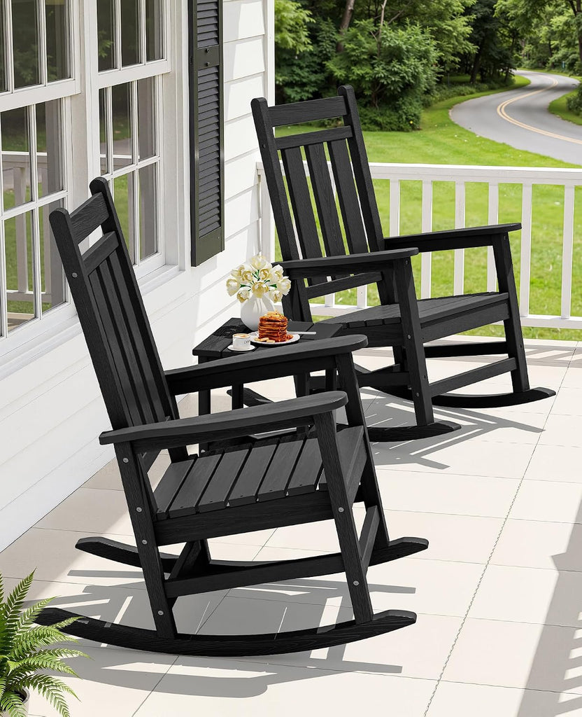Oversized Outdoor Rocking Chair Set of 2, HDPE Patio Rockers, Black | | All-Weather Patio Rocking Chairs for Porch |