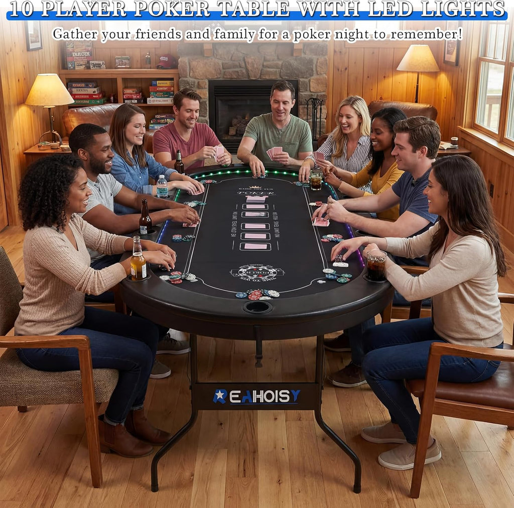 LED Poker Table for 10 Players, 84" Oval Foldable Texas Holdem Casino Table with Tri-Color LED Lights, Board Game