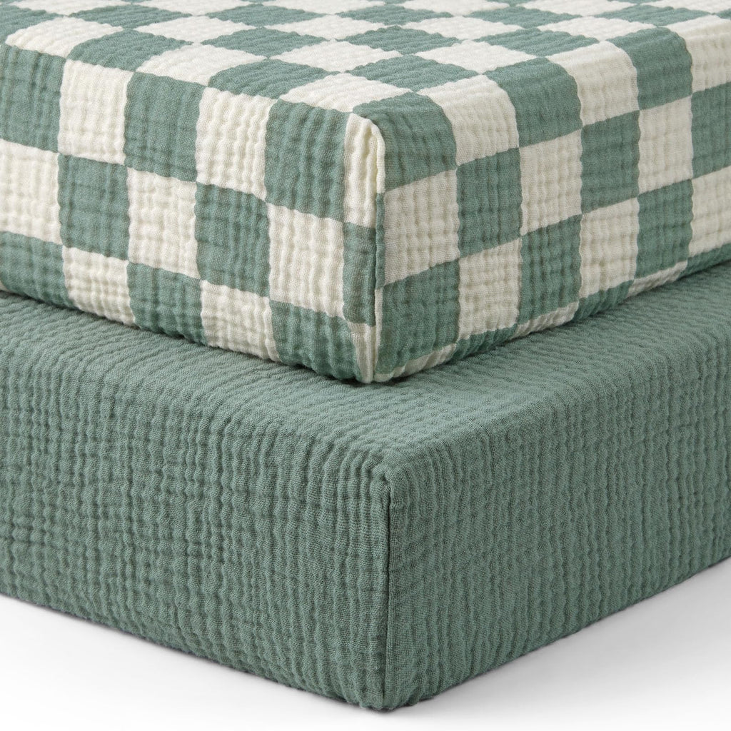 Muslin Crib Sheets, 2 Pack, Sage Checkboard & Sage Green